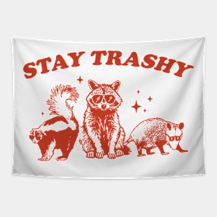 Stay Trashy Funny Meme Graphic T-Shirt, Retro Unisex Adult Tshirt, Vintage Raccoon Opossum Skunk Shirt, Nostalgia Tapestry