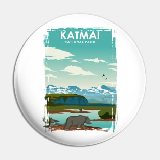 Katmai National Park vintage retro travel poster art Pin