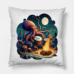 Drumming Octopus by the Campfire Pillow