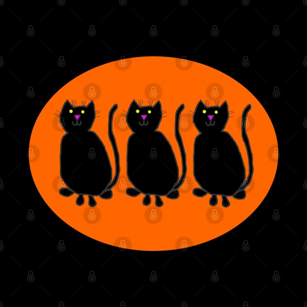 Three Black Cats on Pumpkin Orange Oval by ellenhenryart