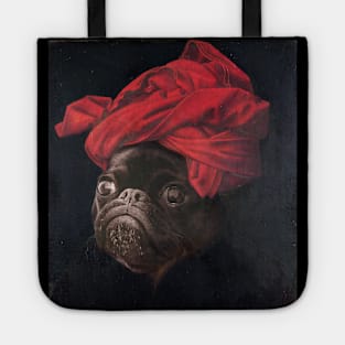 Portrait of a Black Pug in a Red Turban Tote