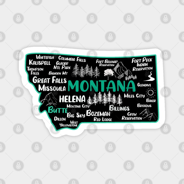 Cute map of Butte Montana, Helena, Missoula, Great Falls, Bozemian, Kalispell, Big Sky Magnet by BoogieCreates