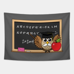 Cute Teacher Owl with Apple Cartoon Tapestry