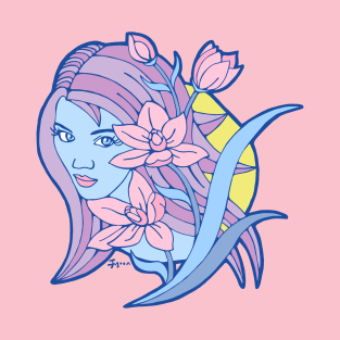 Lavender Pastel Girl with Pink Lilies T-Shirt