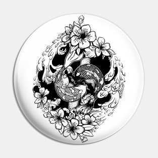 Yin Yang Koi fish in wave and sakura flowers Pin