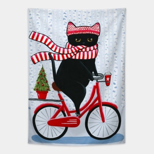 Black Cat Christmas Bicycle Ride Tapestry