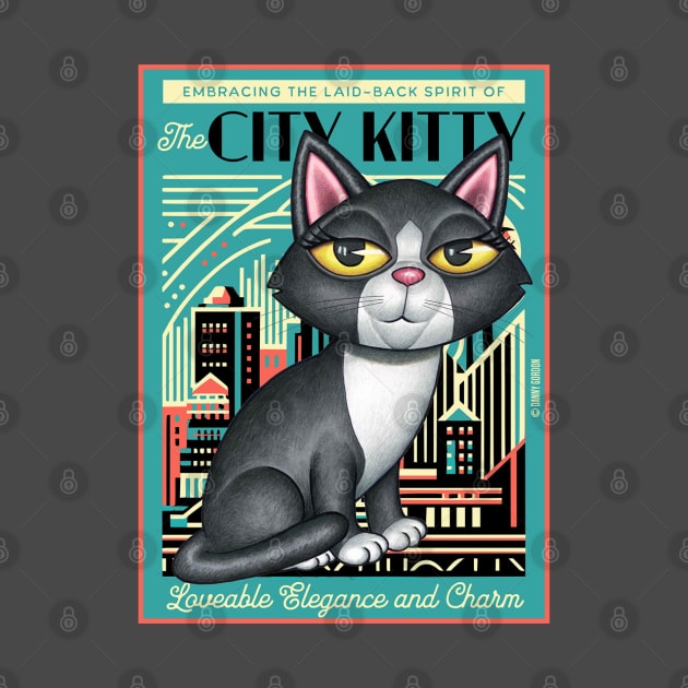 Black and white kitty on city kitty background in green by Danny Gordon Art