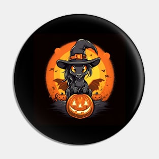 black witch pony with pumpkins on black background Pin