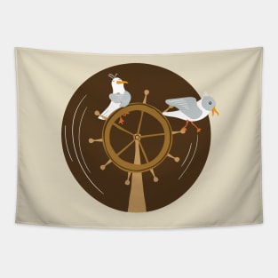 Funny seagulls changing sailor's course Tapestry