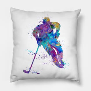 Ice Hockey Boy Player Watercolor Silhouette Pillow