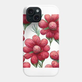 Puffy red and pink 3D flowers in a pattern with green stems on a white background. Phone Case