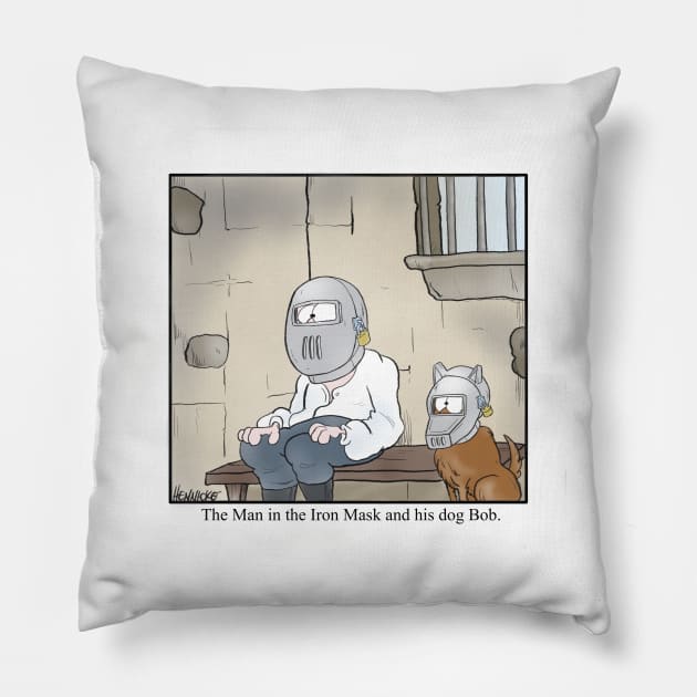 The Man in the Iron Mask and his dog Bob. Pillow by Plan 9 Cartoons