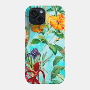 Colorful tropical floral leaves botanical illustration, tropical plants,leaves and flowers, aqua blue leaves pattern Phone Case