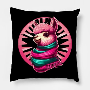 Cute pink llama in mexican rebozo Pillow