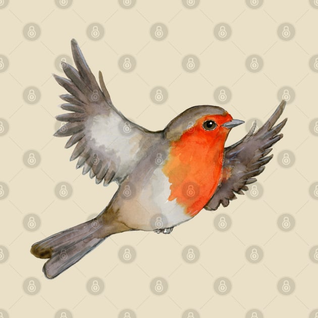 A watercolor drawing of a flying robin by Bwiselizzy