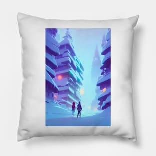 Anime Couple Snowy Street Lights Christmas Landscape Pillow