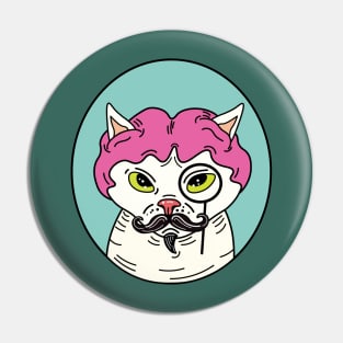 Cat with wig, hairless cat with wig, cat with a mustache Pin