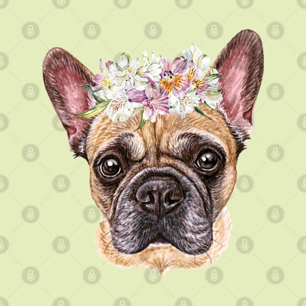 Cute French Bulldog Puppy with Flower Wreath by AdrianaHolmesArt