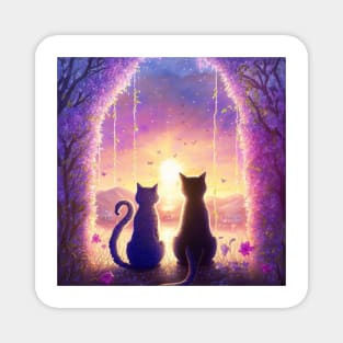 Adorable Two Cats Sunset Gaze Magnet