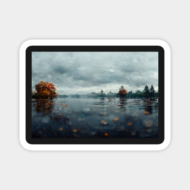 Foggy Lake Falling Raindrops On A Rainy Autumn Day Magnet by Unwind-Art-Work