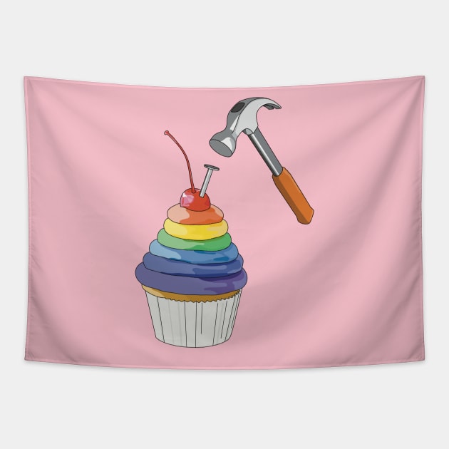 Rainbow icing cupcake with a nail in it about to get hammered Tapestry by Fruit Tee