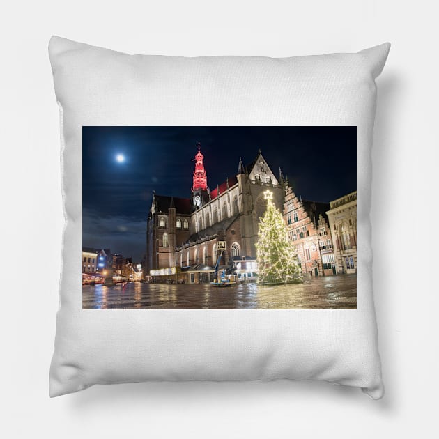 Haarlem Night - Christmas at the St Bavo Church Pillow by RichardGibb