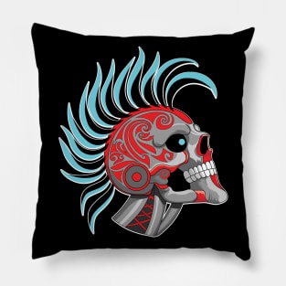 Tattooed Robot Skull with Blue Mohawk Pillow