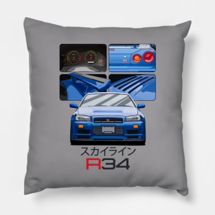 Skyline GTR R34 Blue Drawing Vector Pillow