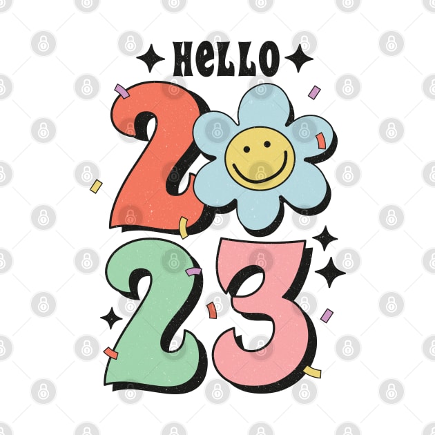 Hello 2023 Groovy Retro Happy Daisy Flower New Year Gift by BadDesignCo