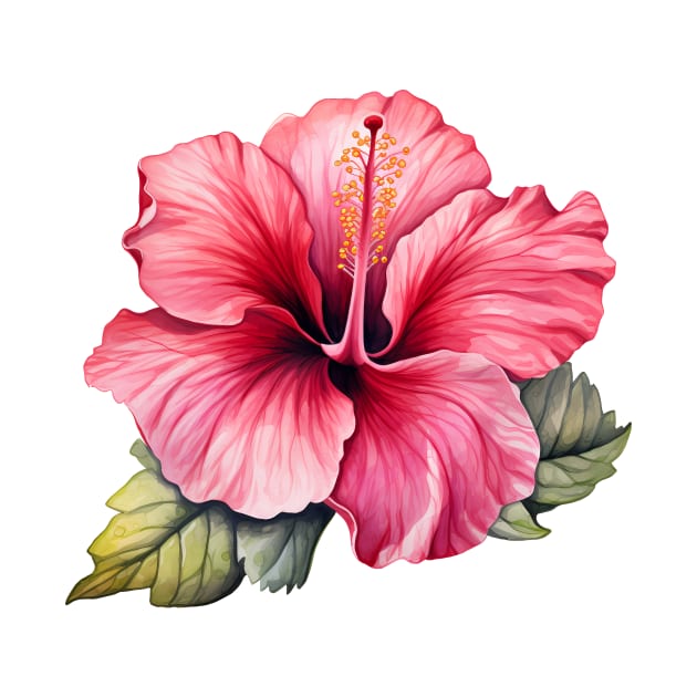 Pink Hibiscus Flower Watercolor by BisonPrintsCo