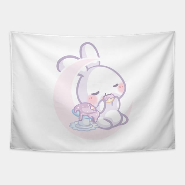 Bunny Sitting on the Moon Eating a Purple Mushroom Cake Tapestry by cSprinkleArt