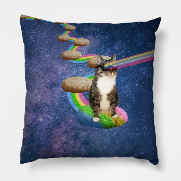 Cute fluffy cat in outer space shooting rainbows from the sunglasses Pillow by Purrfect