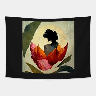 Contemporary painting. Peony flower, sun, leaf, woman, love,gift Tapestry