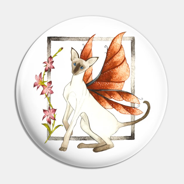 Perplexed - Siamese Fairy Cat with Floral Border Pin by serenstar75