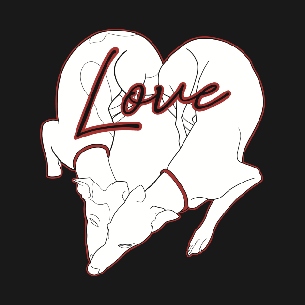 Adorable Greyhound dog design shaped in a heart with the word love inside, with red details by This Iggy Life