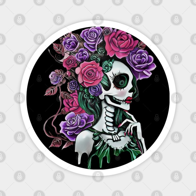 Womens Creepy Horror Gothic Candy Skull Flower T-Shirt