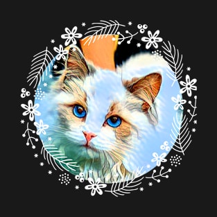 Blue-Eyed Cat in Round White Flower Wreath T-Shirt