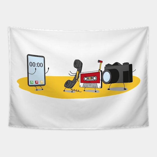 Phone Cassette Camera Bulling Smartphone Funny Cartoon Tapestry by udesign