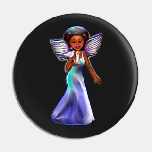 Angel with dove and candle. Black angel of peace ! With glow, Afro hair, brown eyes, Cherry pink lips and dark brown skin. Hair love ! Pin