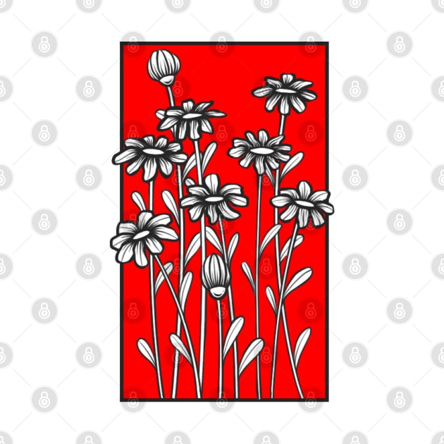 Black and white daisy flower doodle illustration in red background by Wahyuwm48