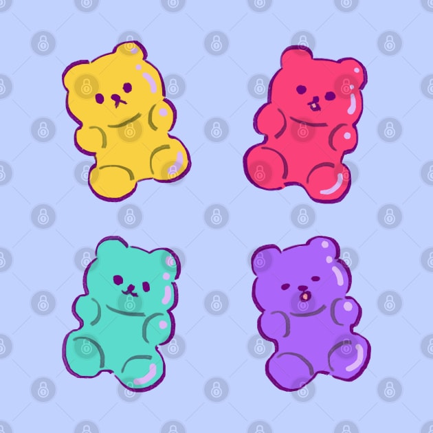 4 colorful cute neon gummy bears with different moods by mudwizard