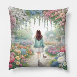 Sweet girl with a cat in the flower garden Pillow