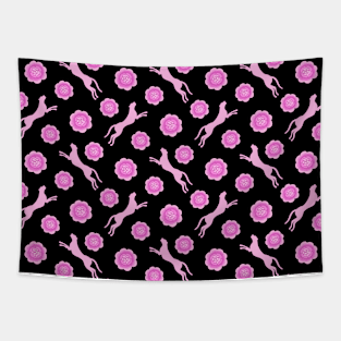 Gorgeous wild jumping cheetahs and lovely blooming roses. Stylish classy elegant bright pink pastel peach retro vintage botanical animal nature black pattern. Tapestry