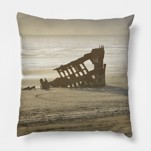 Misty Sunset Shipwreck - Oregon Coast Pillow by DeniseBruchmanPhotography