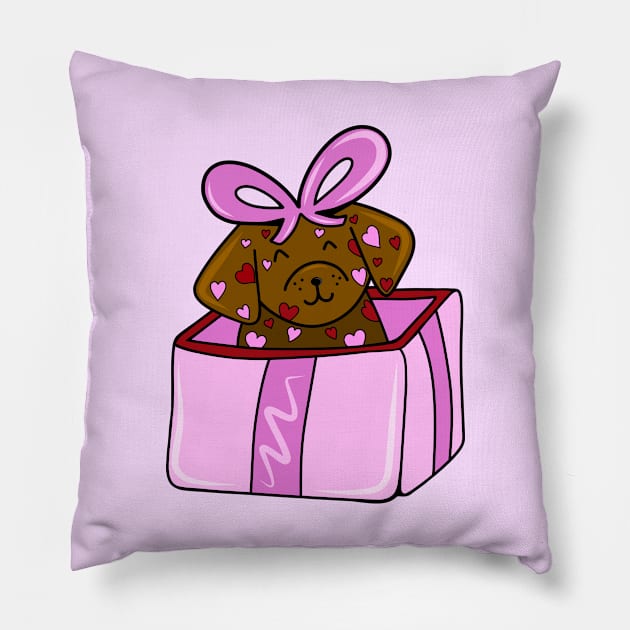 Valentine’s Day Heart Chocolate Lab Puppy in a Pink Box with Bow, made by EndlessEmporium Pillow by EndlessEmporium