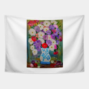 abstract carnations in a white vase with turquoise flowers on it . Tapestry