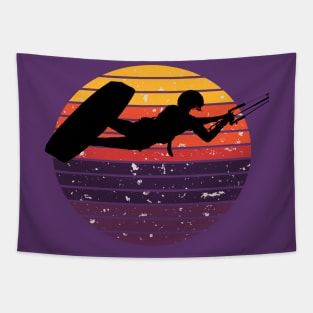 Kiter Silhouette In Black Kitesurfer Action Retro Sunrise Tapestry