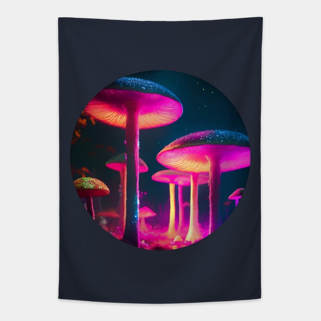 Pink neon glowing mushrooms Tapestry by AnnArtshock