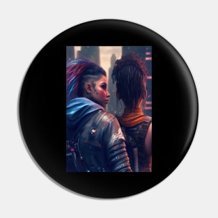 Futuristic Cyberpunk Lesbian Lovers Embrace in Emotional Portrait Pin