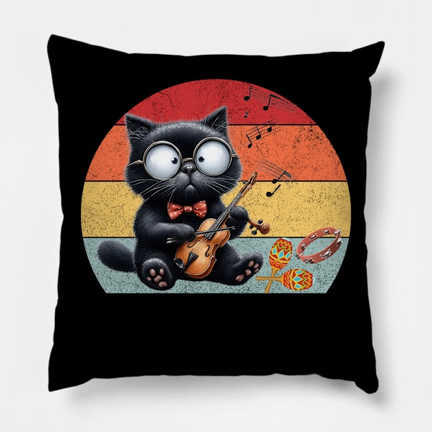 Funny Retro Cat Playing Violin Violinist Pillow by Positive Designer